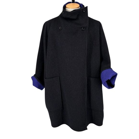 Vintage Jimmy Hourihan Ireland 100% Wool Wrap Coat Black Purple Small - Picture 1 of 16